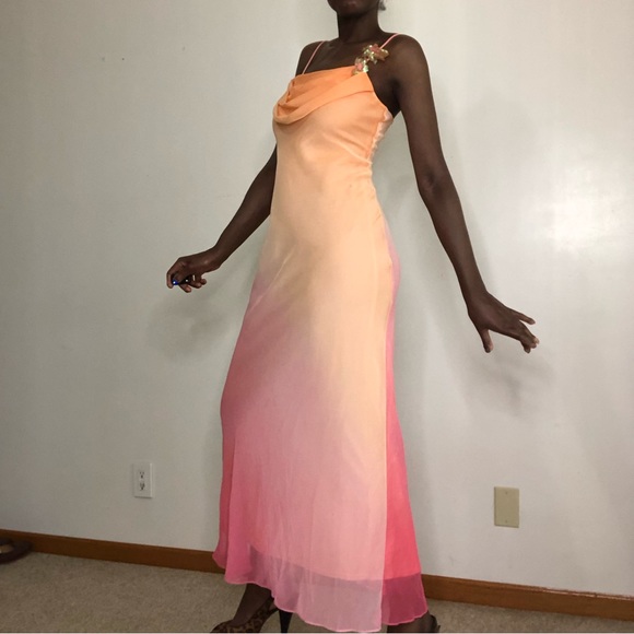 VINTAGE | 1990s Y2K Onyx Nite Cowl Neck Ombre Chiffon Slip Dress - Picture 2 of 7